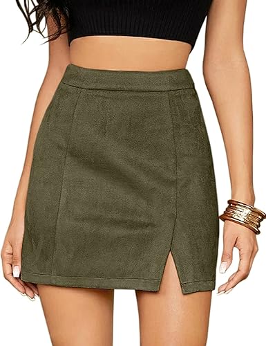 Skirts for Women Faux Suede High Waist Side Split Zipper Mini Skirts-