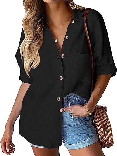 Womens Cotton Button Down Shirt Casual Long Sleeve Loose Fit Collared Linen Work Blouse Tops with Pocket-