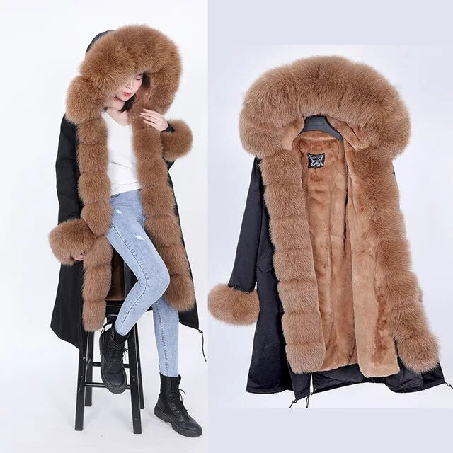 Winter Woman Natural Fur Overcoat Plus Size Black Parkas Raccoon Real Fur Lining Extra Larg Warm Jacket Coats Long