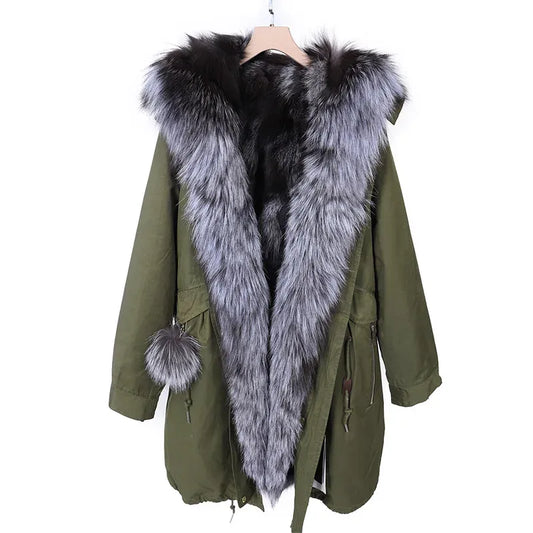 Winter Women's Fur Jacket Long Outdoor Tops Real Fox Fur Collar Inner Fur Lining Parka Natural Silver Fox Women Coat