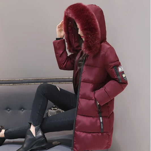 Women Winter Coats Long Cotton Casual Fur Hooded Jackets Women Thick Warm Winter Parkas RED MAX